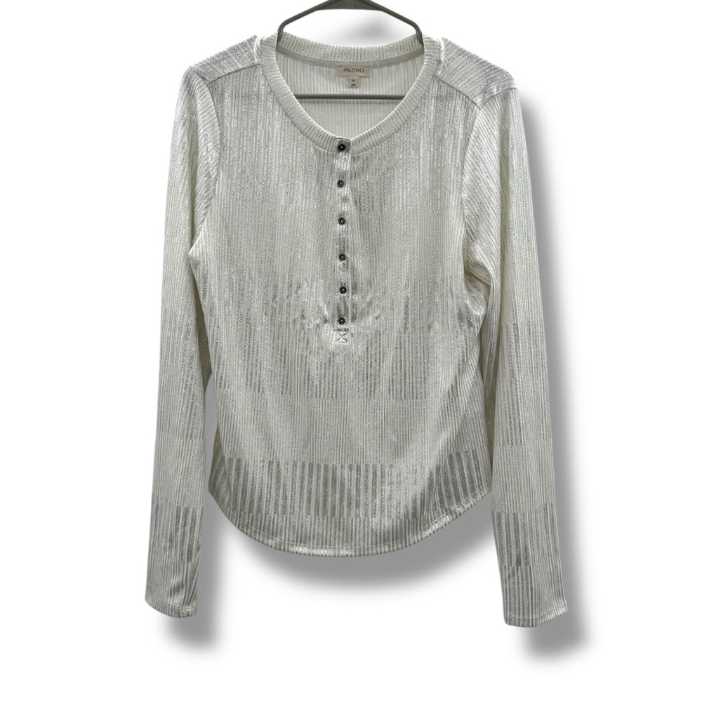 Anthropologie Pilcro Henley Top Women’s Size‎ XL Silver Textured Long Sleeve